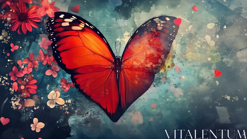 Crimson butterfly heart glows amid teal abstract bloom.