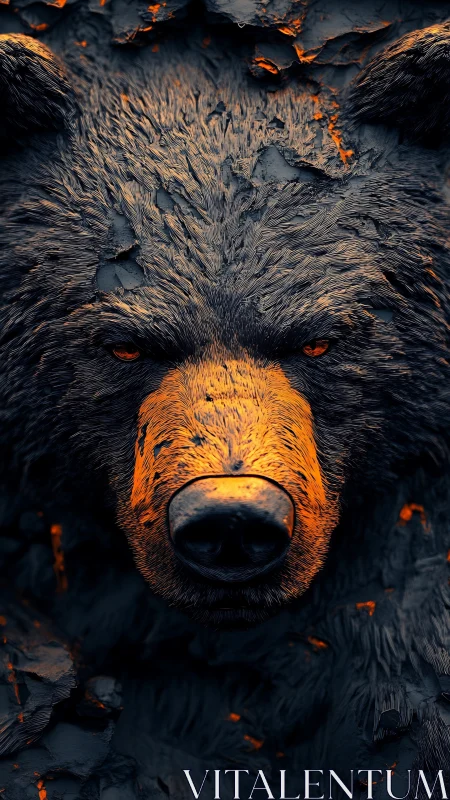 Digital bear portrait with molten orange highlights, front view.