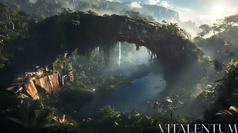 Sunlit jungle bridge dreams itself into misty eternity