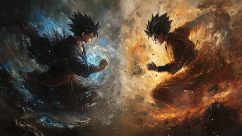 Rival anime warriors clash within swirling fire and ice vortex