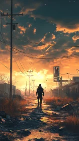 Solitary wanderer strides into a rust-gold postwar sunrise.