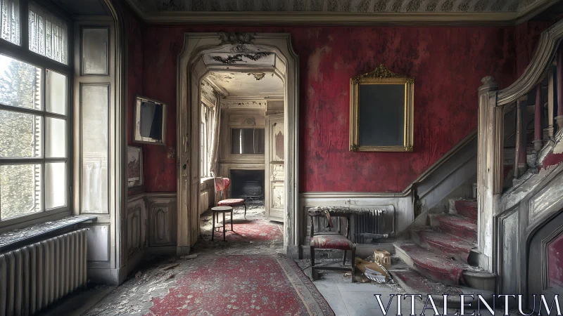 Velvet walls cradle the dust of a once-opulent staircase