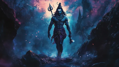 Blue divine warrior strides through glowing cosmic ravine