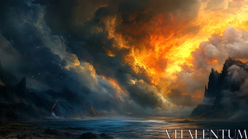 Stormlit volcanic coast ignites under a burning twilight sky