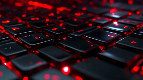 Moody red backlit keyboard glowing in close-up detail.