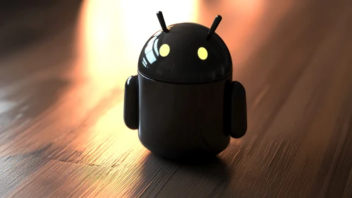 Black robot figurine on wooden floor in warm light.