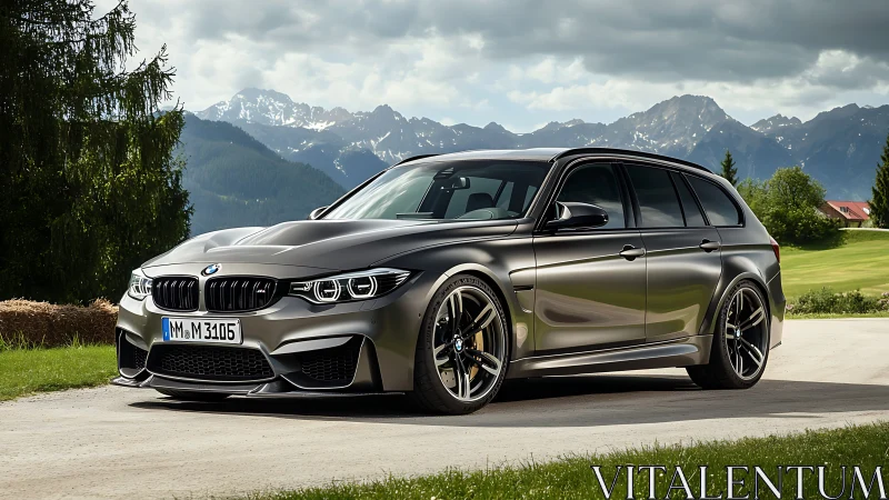 Station wagon car is parked on a rural mountain road