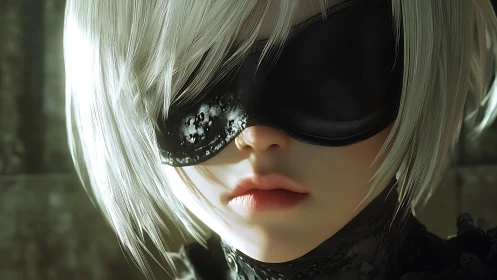 Close-up of white-haired masked anime character face.