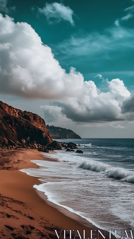 Turquoise sky crowns rugged coastline and amber surf.