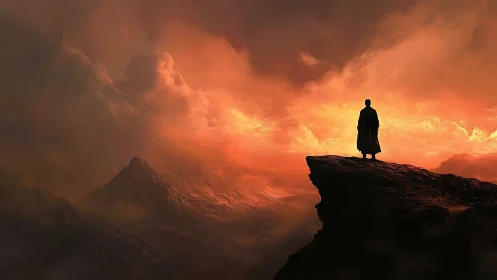 Solitary figure on cliff against intense orange sky.