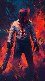 Chainsaw duskwalker strides through splintered neon inferno