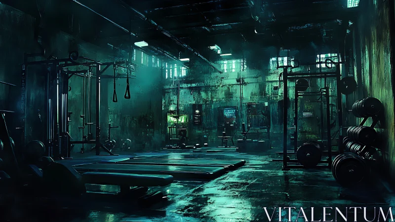 Abandoned industrial gym interior rendered with moody teal rim lighting