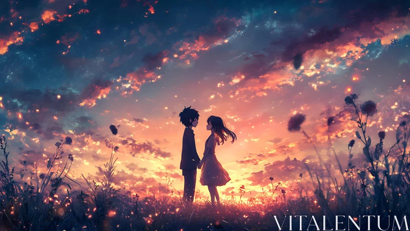 Silhouetted anime couple in glowing dusk meadow under nebula sky