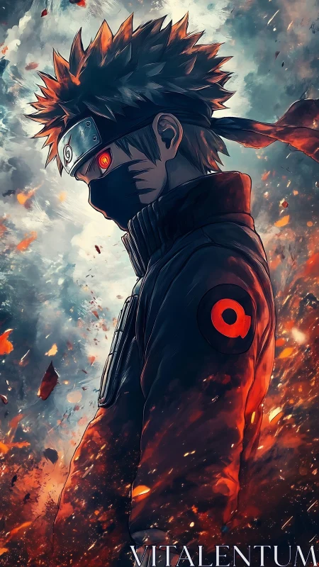 Masked anime warrior stands in swirling embers and storm