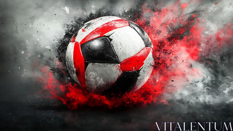 Exploding red and white soccer ball drives through smoky space