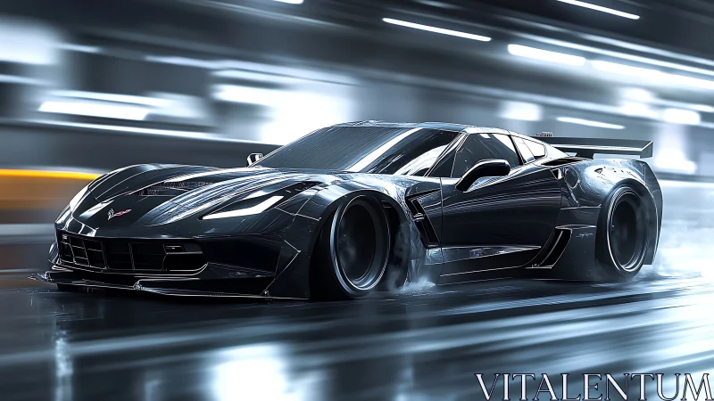 Low-angle view of black widebody Corvette in motion blur tunnel