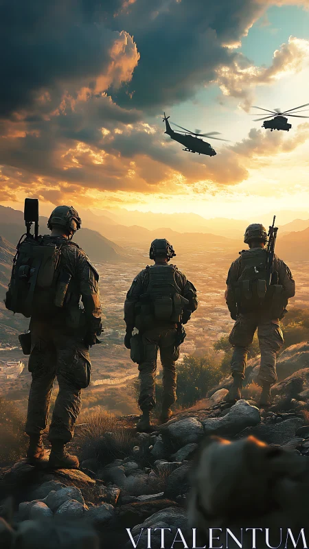 Armed soldiers watching helicopters over mountain valley.