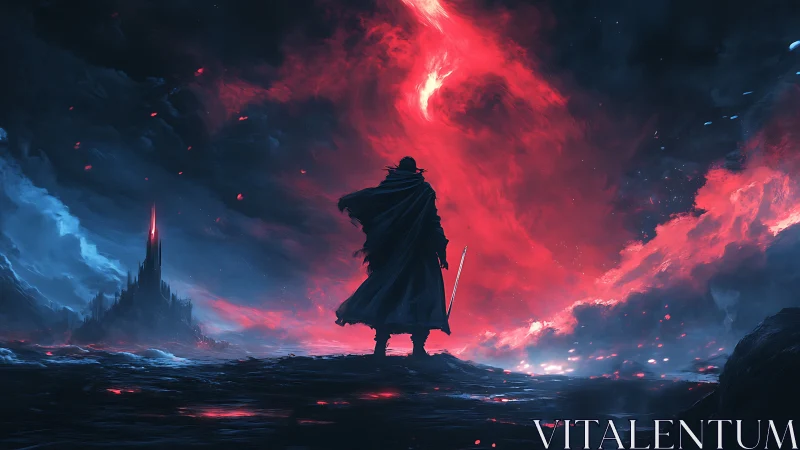 Lone cloaked warrior faces crimson cosmic rift sky