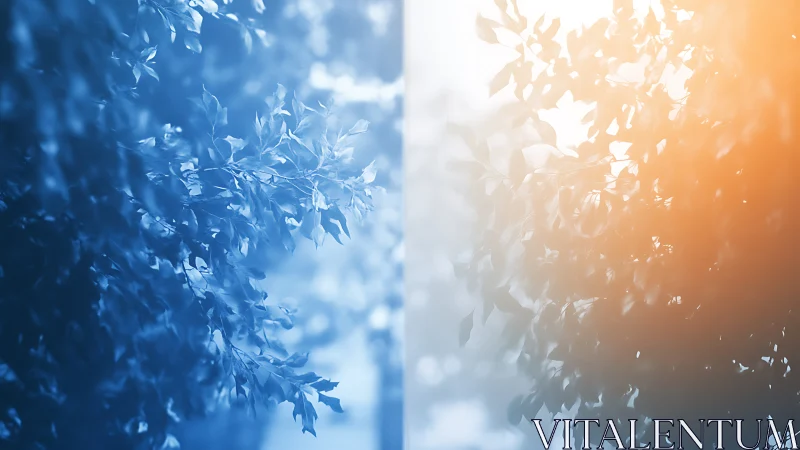 Leaves divided by blue and orange color gradient lighting