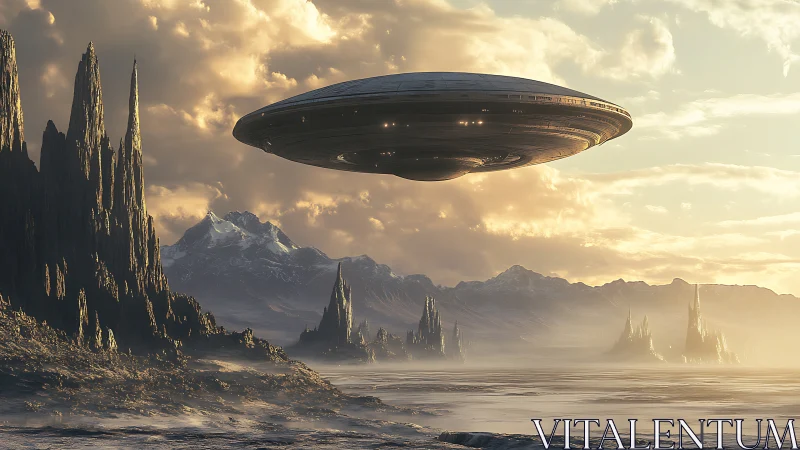 Starborne citadel drifting above alien frost spires.