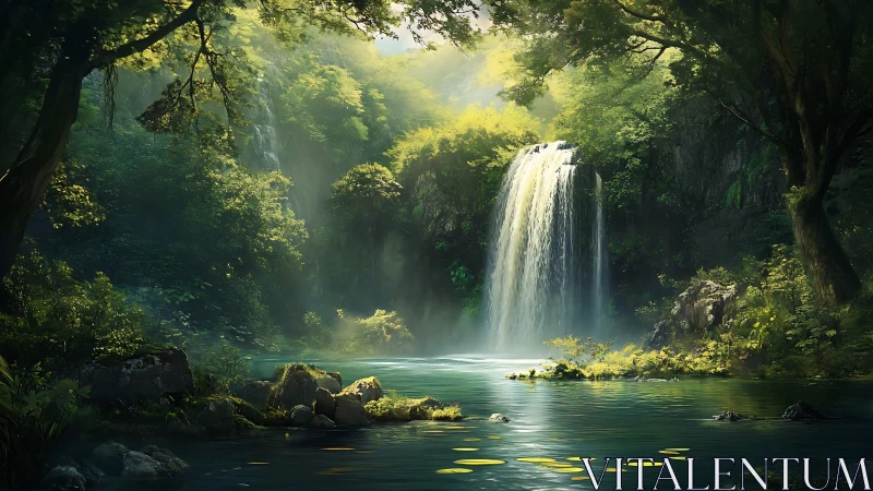 Cascading waterfall in temperate rainforest gorge with volumetric light diffusion