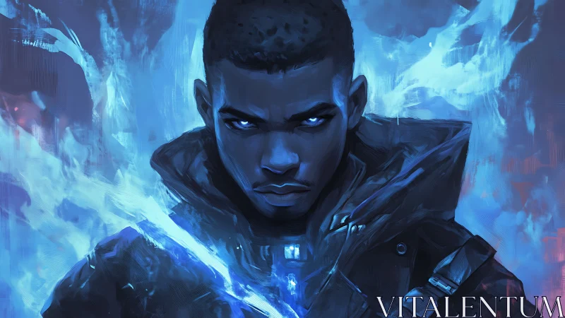 Cyber mage warrior with blue energy aura portrait.