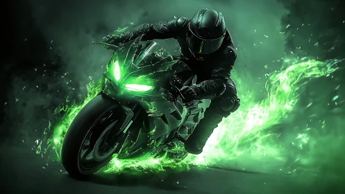 Neon green superbike racer carving road through plasma fire.