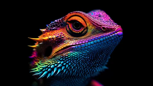 Prismatic dragon lizard glows like neon embers in night.