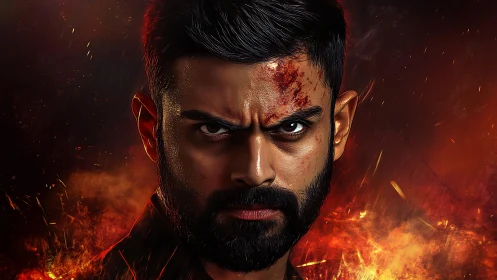 Intense bearded man stares forward amid digital flames