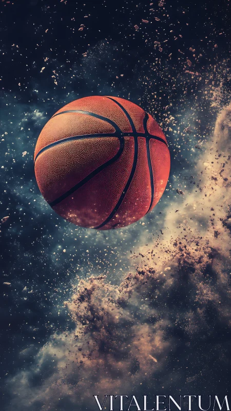 High-speed basketball in midair with particle debris and cosmic dust
