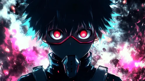 Masked anime cyborg with glowing red eyes in neon smoke