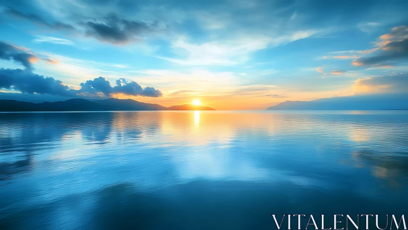 Sun over distant mountains reflects on calm open water