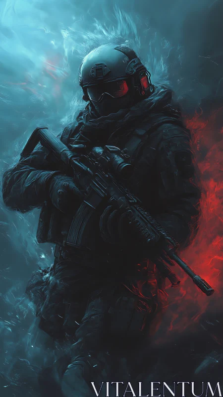 Calm futuristic soldier framed by cool blue and red light.