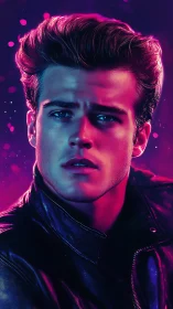 Male portrait under neon magenta and blue lighting conditions.