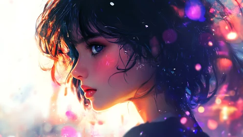 Neon dusk portrait of a wistful girl in prismatic glow.