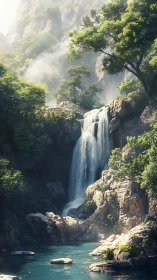 Sunlit waterfall sanctuary pouring into a tranquil blue pool.