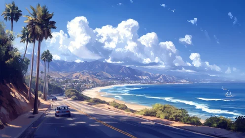 Coastal highway with palm trees, beach, mountains and clouds.