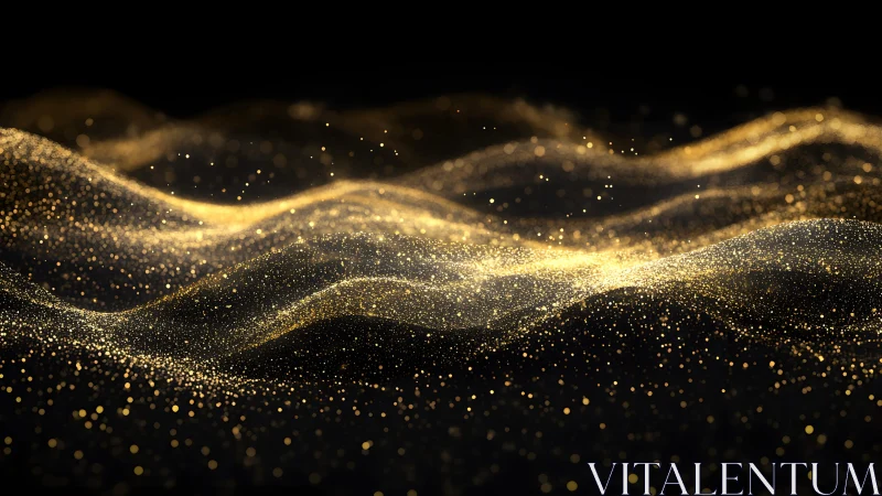 Glittering Golden Particle Waves on Black Background, Abstract Art.