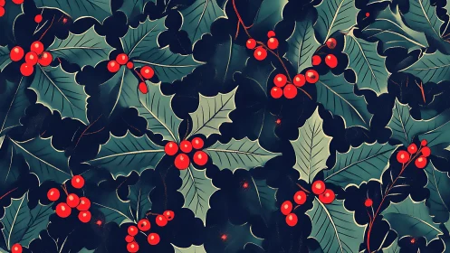 Digital holly leaves and red berries festive repeat pattern.