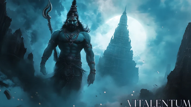 Mythic warrior silhouette before towering moonlit temple.