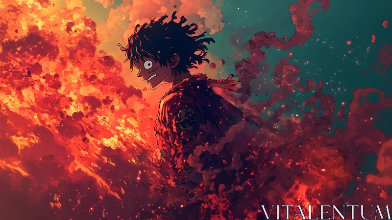 Fiery anime hero strides through swirling embers and smoke