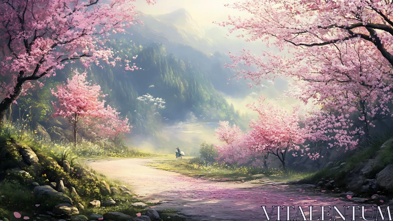 Rider follows misty path through vibrant cherry blossoms