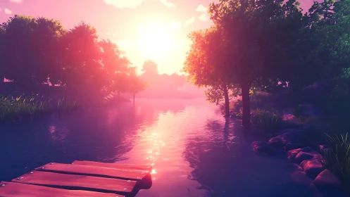 Soft sunset glow over a quiet riverside forest retreat.