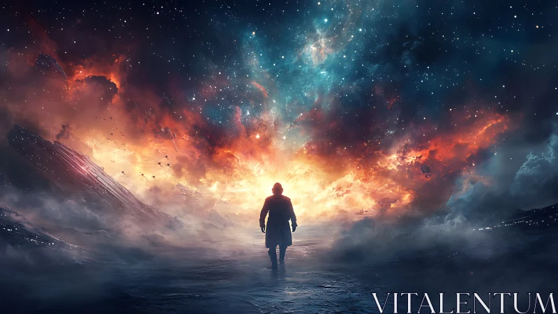 Lone explorer walks toward a blazing cosmic horizon of wonder