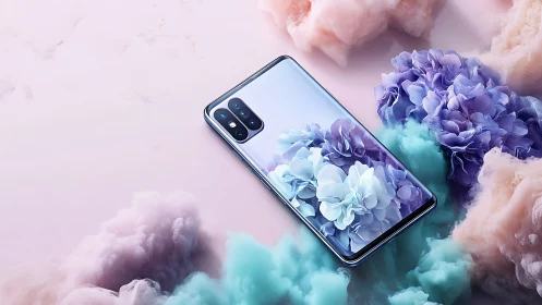 Modern smartphone on pastel clouds with floral screen art.
