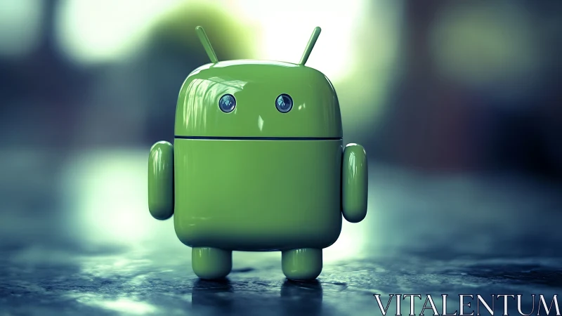 Shiny green robot mascot waiting on a blurred city table.