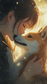 Tender close-up profile of girl embracing corgi in warm backlight