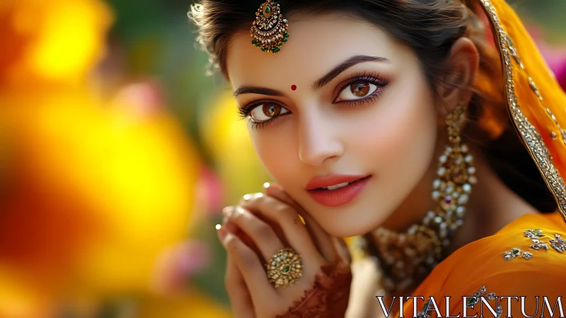 Digital portrait of woman in orange saree with jewelry.