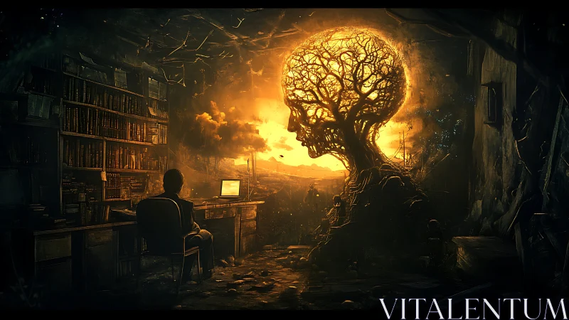 Luminescent arborial skull mindscape beside digital scholar.