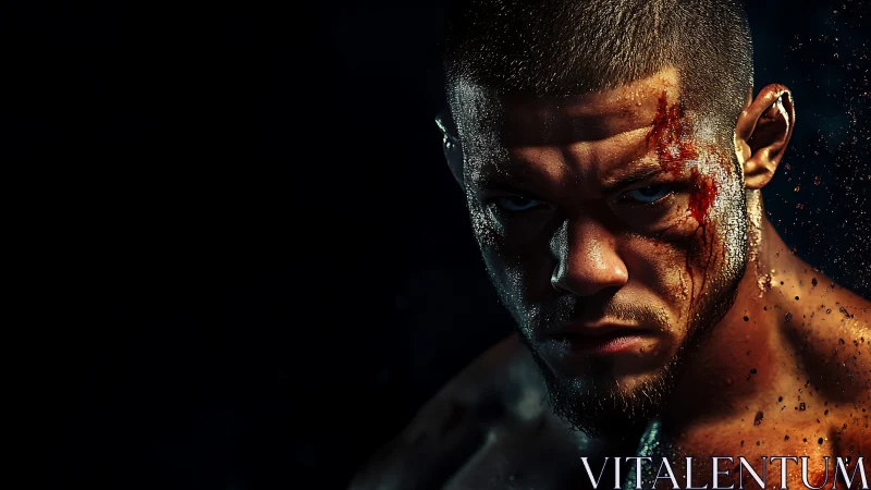 Close-cropped portrait shows injured male fighter in shadow